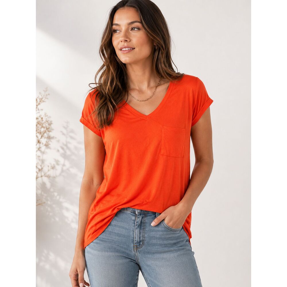 Cable & Gauge NWT Orange V-Neck Pocket Tee Women's XL Short Sleeve High-Low Top
